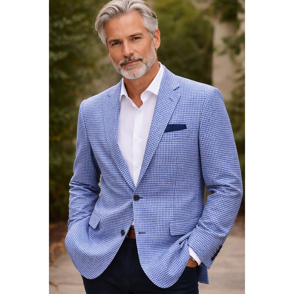 Tiglio Luxe Novello Blazer 48R Blue Gingham Merino Wool Elbow Patch Sport Coat